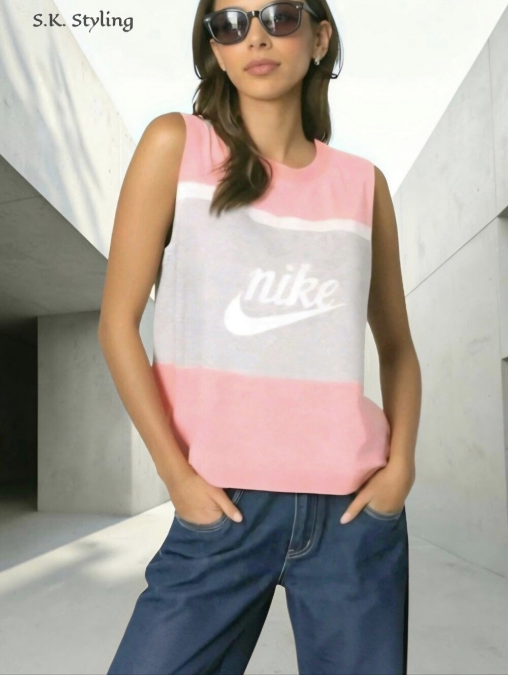 Nike Gym Vintage Script Logo HBR Varsity Tank Top Colorblock Pink Gray L/ XL